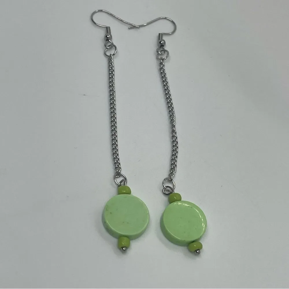 Hand Crafted Lime Green Gemstone With Silver Chain Earrings NWT